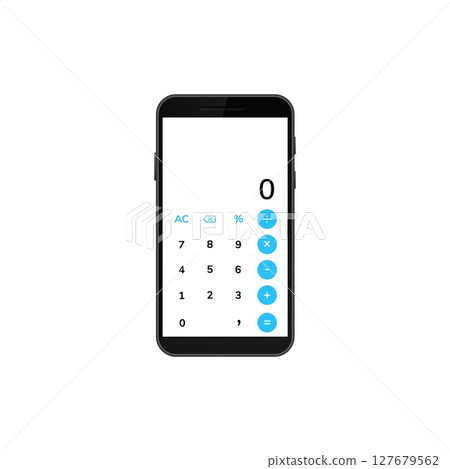 Digital calculator app displayed on smartphone screen with numeric keypad and operation symbols Digital calculator app displayed on smartphone screen with numeric keypad and operation symbols 127679562