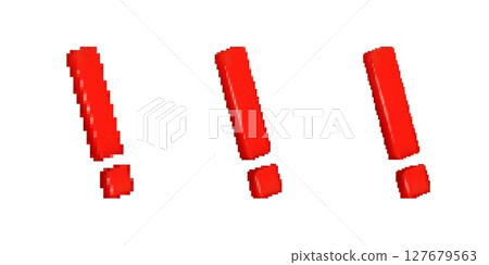 Pixelated red exclamation marks on white background, bold digital punctuation symbol with a glossy effect 127679563