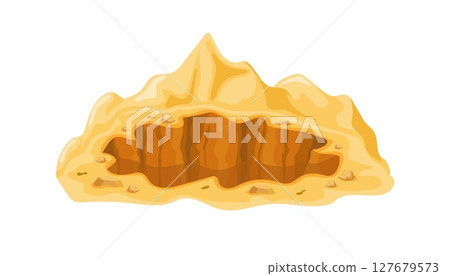 Golden desert cave with rocky formation and sandy texture appears on white background 127679573