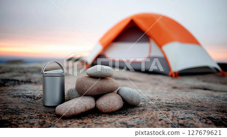 Orange and white tent on rocky terrain at sunset with stack of stones and portable lantern 127679621