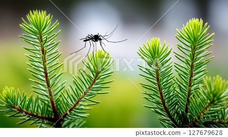 Mosquito on lush green pine needles in natural forest setting 127679628