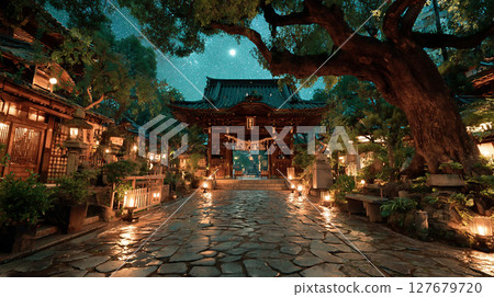 A starry summer night, a Japanese-style landscape with a mysterious shrine approach and a large tree 127679720