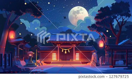 A fantastic Japanese landscape illustration of a shrine illuminated by the full moon at night and lit lanterns 127679725