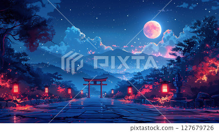在滿月和燈光的映照下，山間的參拜道和鳥居夜景顯得格外神秘 127679726