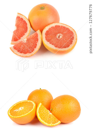 Grapefruit and orange fruit isolated on white background. There is free space for text. Collage. Grapefruit and orange fruit isolated on white background. There is free space for text. Collage. 127679776