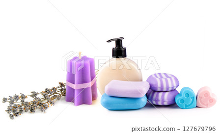 Lavender candle, shampoo, soap, oil and lotion, isolated on white background. Free space for text. Collage. 127679796