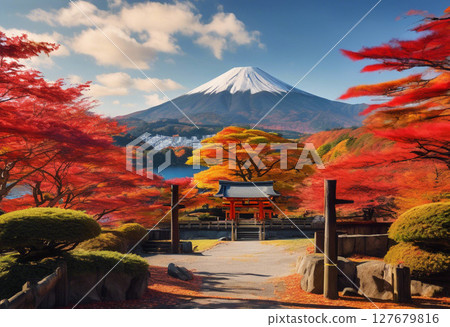 Autumn scenery with red leaves decorating the torii gate 127679816