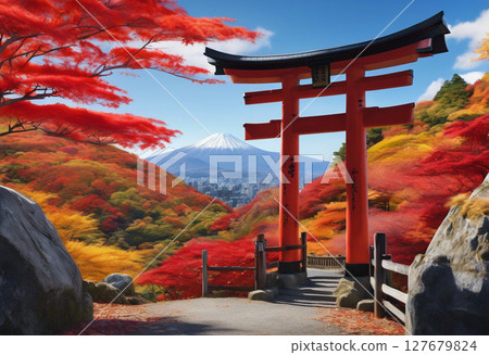 Autumn scenery with red leaves decorating the torii gate 127679824