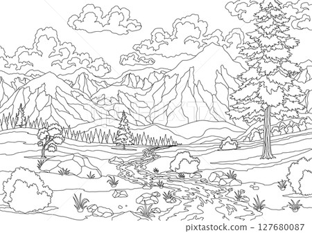 River landscape with hill, tree and clouds on sky. Beautiful scene with river flowing through hills, fields and forest. Vector coloring style illustration River landscape with hill, tree and clouds on sky. Beautiful scene with river flowing through hills, fields and forest. Vector coloring style illustration 127680087