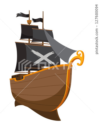 Stylized cartoon pirate ship illustration with black sails. Cute vector icon. Pirate Ship sailing on water Stylized cartoon pirate ship illustration with black sails. Cute vector icon. Pirate Ship sailing on water 127680094