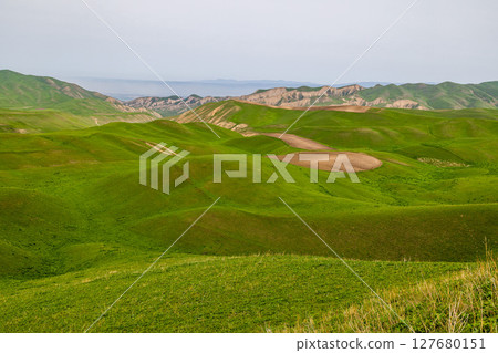 Serene landscape of green hills and brown tilled fields 127680151