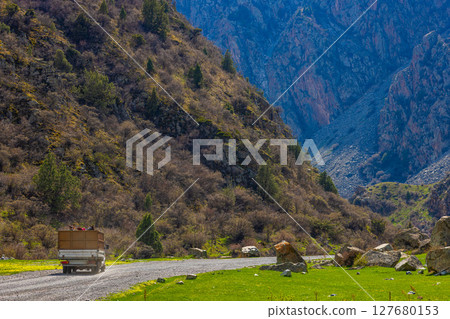 Truck transporting horses in mountainous region of Kyrgyzstan during daytime 127680153
