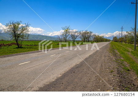 Serene rural road lined with trees and mountains at daytime in Kyrgyzstan Serene rural road lined with trees and mountains at daytime in Kyrgyzstan 127680154