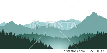 Foggy mountains landscape background. Smoky and rocky panorama with mountains skyline and pine tree forest silhouettes. Scenery with slopes, vector cartoon illustration 127680184
