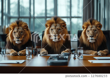 Lions in business suits sit at a table during an important meeting in the office. Lions in business suits sit at a table during an important meeting in the office. 127680233