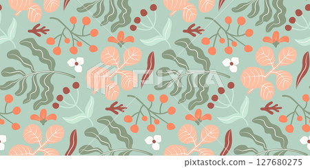 Seamless botanical pattern with abstract leaves, berries and flowers in orange, red and green tones on a mint background. Hand-drawn boho style. Ideal for fabric, wallpaper, wrapping paper, packaging. 127680275