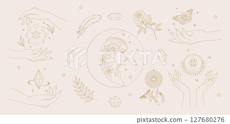 Boho magic clipart set with female hands, moon phases, crystals, feathers, sacred symbols in soft beige and gold line art. Perfect for spiritual branding, tattoos, posters, social media and stationery 127680276