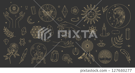 Mystical boho line art set with esoteric and astrology symbols, gold on black. Ideal for posters, stickers, tattoos, social media, packaging, and magical-themed graphic design projects. 127680277