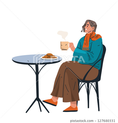 French breakfast scene with woman drink hot beverage. Vector Parisian brunch sign with cookie or croissant and steaming coffee or tea cup. Morning meal with pastry and drink. Paris bistro or cafe. 127680331