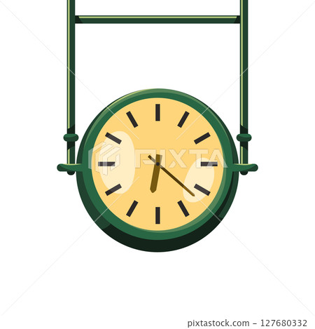 Round retro train station clock. Vector analog timekeeping device for public spaces and transportation platforms. Hanging metal clockface for scheduling and punctual travel. Outdoor mounted watch. 127680332