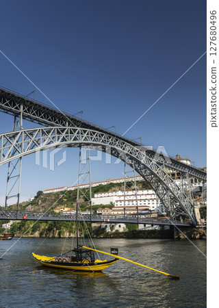 Dom Luis I bridge iconic landmark and riverside in Porto Portugal Dom Luis I bridge iconic landmark and riverside in Porto Portugal 127680496