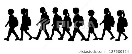 Kid student silhouette, boy and girl with school backpack, kid holding notebook and books for study 127680534