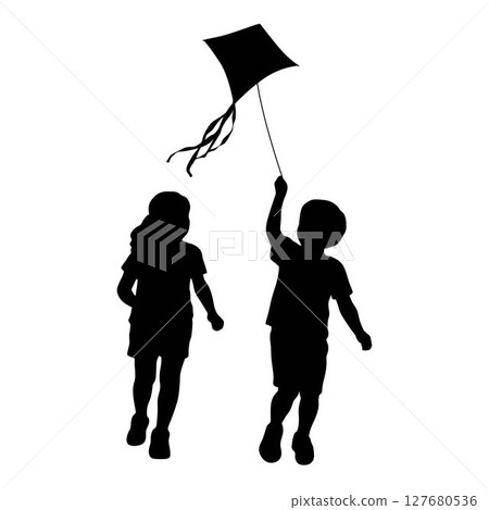 Children flying kites silhouette, little boy and girl with flying kite 127680536