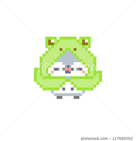 青蛙雨衣和微笑的灰色貓頭鷹的像素藝術 127680562