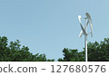 Wind power generator, blue sky, place for text, 3d illustration 127680576