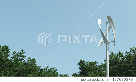 Wind power generator, blue sky, place for text, 3d illustration Wind power generator, blue sky, place for text, 3d illustration 127680576