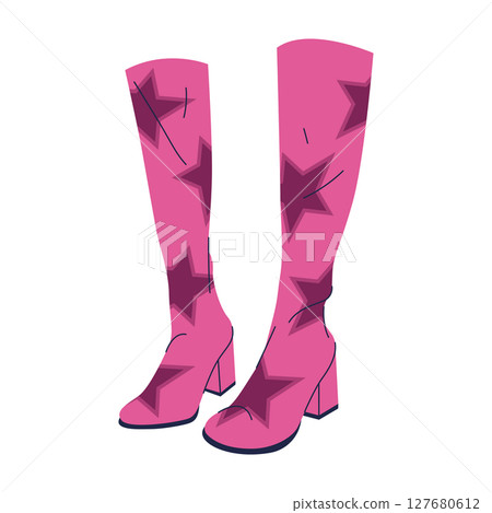 Lady disco leather stiletto shoes. Vector icon or clipart of woman footwear with high heels for clubbing, party, nightclub evening dancefloor, stage performance. Feminine dance retro wear. High boots. 127680612