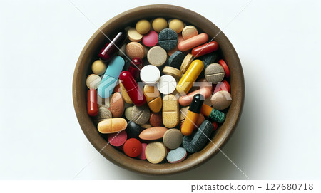 wooden bowl filled with various colorful pills and capsules 127680718