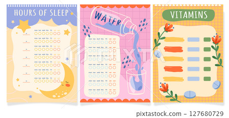 Set of planners for daily habits. Vector schedule page for water drinking and sleep hours, vitamin nutrition. Paper or notebook cover for tracking personal routine and goals, selfcare task. Planning. 127680729