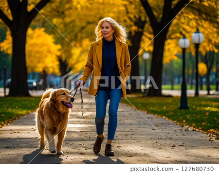 Beautiful woman wearing a gloves, yellow coat, blue pants walking with a golden retriever dog in the park. 127680730
