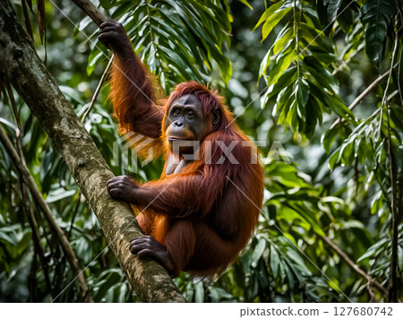 Portrait of the critically endangered animal, Bornean Orangutan or Pongo pygmaeus. 127680742