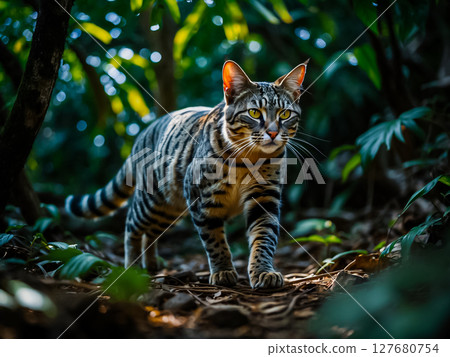 Margay or small wild cat or Leopardus wiedii walking on the groun. 127680754