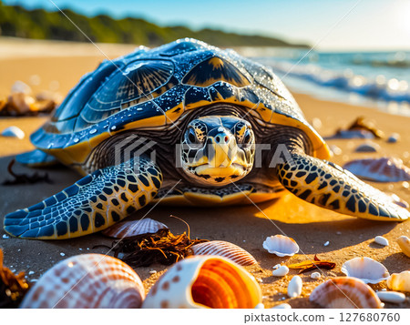 Closeup view of sea turtle on the sandy beach in an island. 127680760