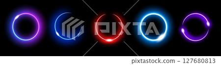 Vibrant neon circles showcasing glowing tech energy with futuristic lighting and dynamic styles 127680813