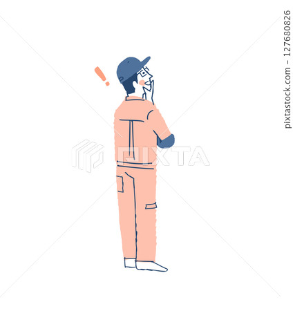 一個穿著工作服的男人從後面抬起頭來，開心地 127680826