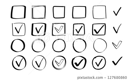 Checkbox icons in hand drawn and minimal styles with various states and shapes 127680860