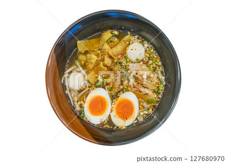 Top view of Dry Yen Ta Fo with Soup, focus selective Top view of Dry Yen Ta Fo with Soup, focus selective 127680970