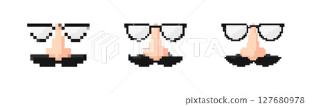 Mosaic pixel art icon featuring funny glasses with nose in 8 bit style for retro design 127680978
