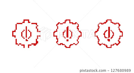 Mosaic style red pixel gear icons in retro 8 bit game design with symbolic decoration 127680989