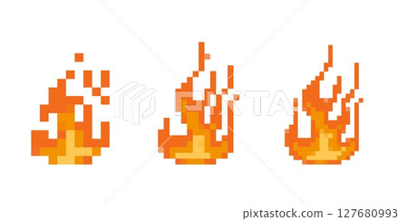 Mosaic pixel art flames in retro style featuring three dynamic fire icons 127680993