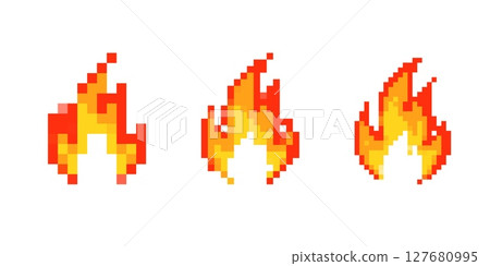 Mosaic pixel icons of fiery flames in retro 8 bit style for nostalgic game designs Mosaic pixel icons of fiery flames in retro 8 bit style for nostalgic game designs 127680995