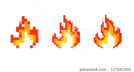 Mosaic pixel art icons of vibrant 8 bit style fire illustrations for retro designs 127681000