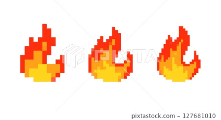 Mosaic pixel flames depicting classic 8 bit style in retro fire icon collection Mosaic pixel flames depicting classic 8 bit style in retro fire icon collection 127681010