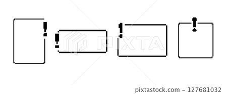 Mosaic pixel design featuring alert symbols in classic retro 8 bit game art style 127681032