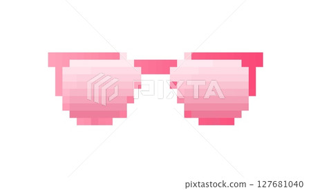 Mosaic pixel art pink glasses depicted in a retro 8 bit style with playful design elements Mosaic pixel art pink glasses depicted in a retro 8 bit style with playful design elements 127681040