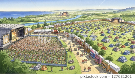 Aerial view of a seaside music festival overlooking the summer sky 127681201